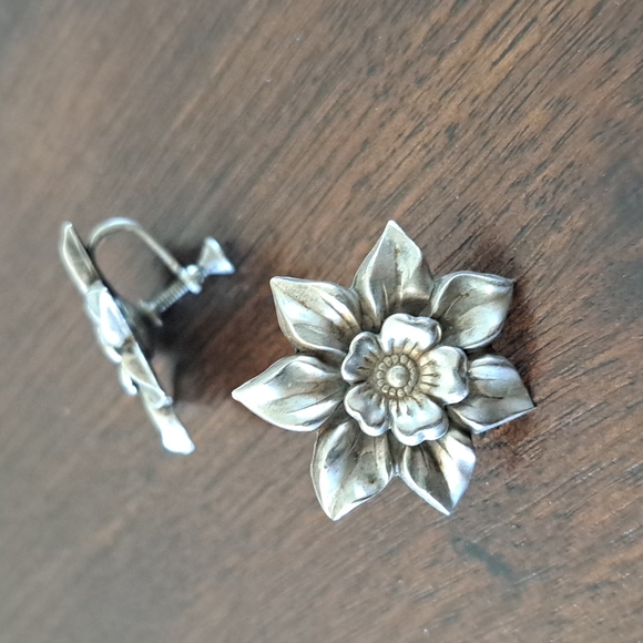 925 Sterling Silver Jewelry - Sterling Silver Screw on Earrings Blooming Flower
